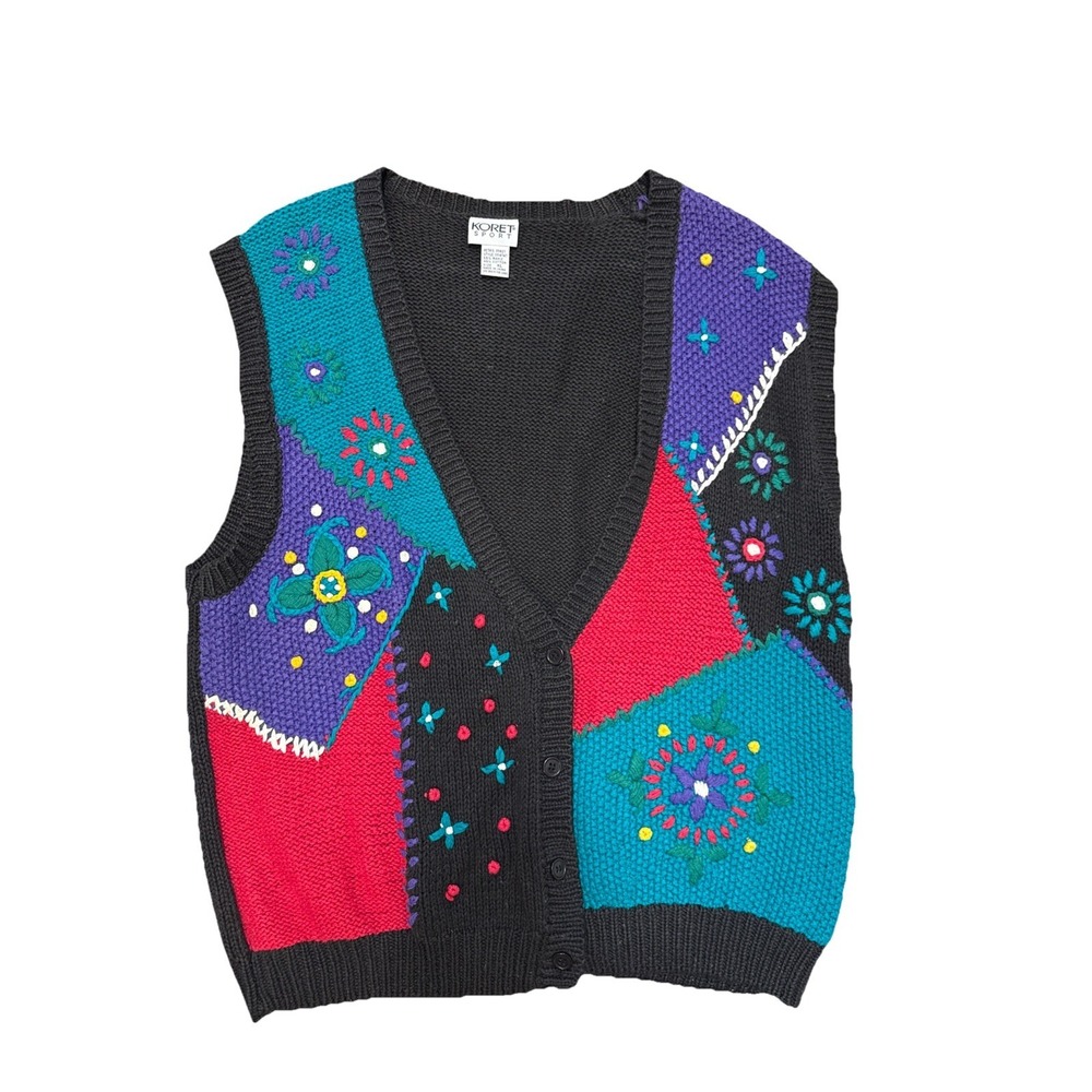 Vintage‎ Koret Sport Grunge Knit Sweater Vest Granny Flowers Women's Size XL